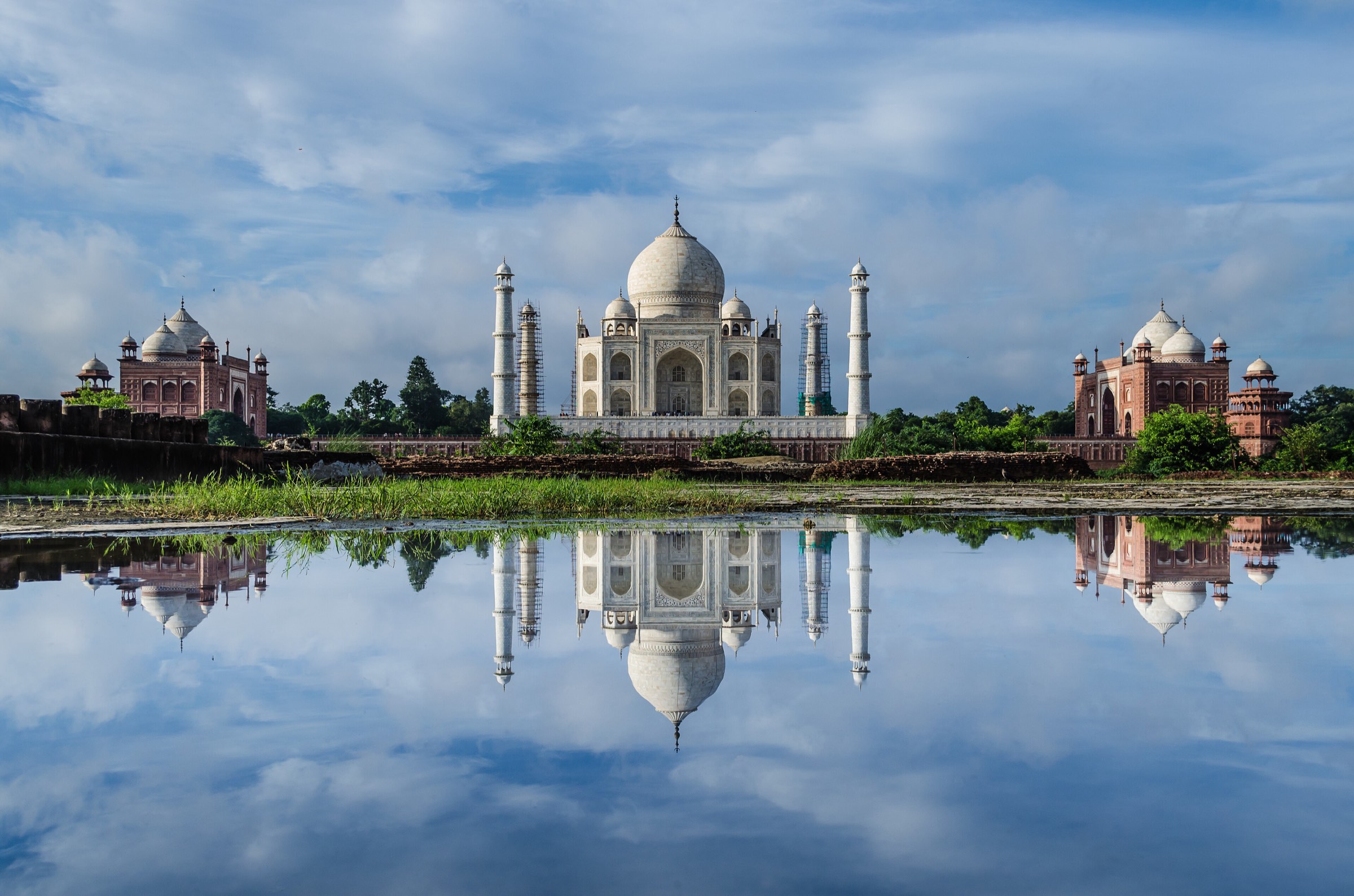 The Taj Mahal reflected in still water at Agra